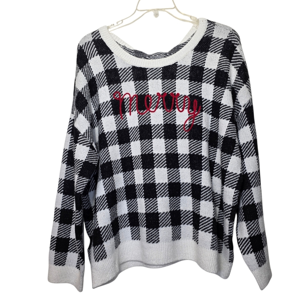 Adrienne Vittadini Buffalo Check Sweater Red Merry Embroidery Matching Socks NWT